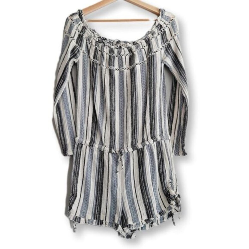 ROXY Anthem 100% Cotton Off-Shoulder Romper Blue Stripe Pattern Sz M